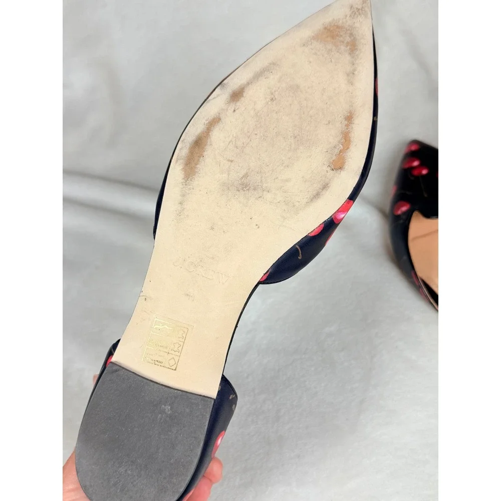 J.Crew Women Cherry Print D'Orsay Flats Size 11 Black Red Pointed Toe Leather
